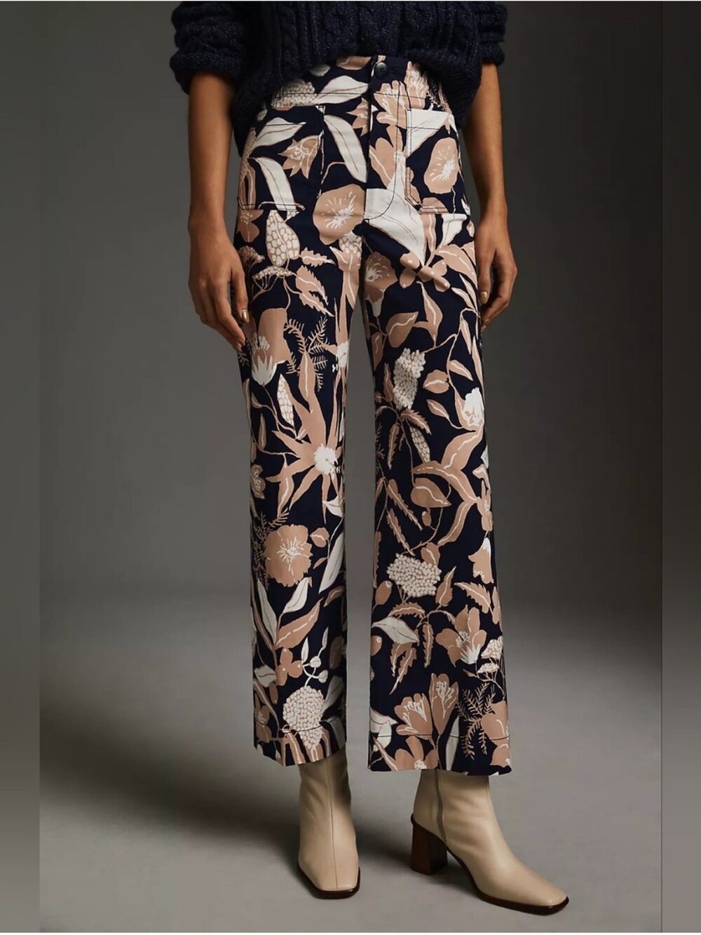 Maeve x Jo Faulkner The Colette Navy Blue and Beige Floral Pants, Size 26P.